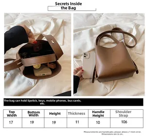 Dual view showing handbag capacity for phone and lipstick plus detailed size dimensions