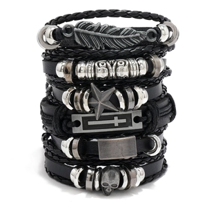 Set of 6 men's punk leather bracelets with skull, cross, and feather metal charms