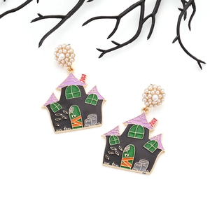 Halloween haunted house dangle earrings with purple enamel, pearls, and RIP tombstone detail