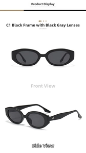 Detail view of model C1 chic black cat-eye sunglasses with dark grey UV protective lenses