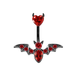Gothic black metal belly ring featuring a red heart gemstone and bat pendant design