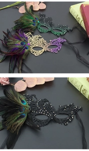 Detail showing lace masquerade masks with peacock feathers and rhinestones in various colors