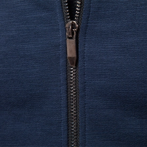 Men's navy business casual jacket with metal zipper detail and knit texture fabric