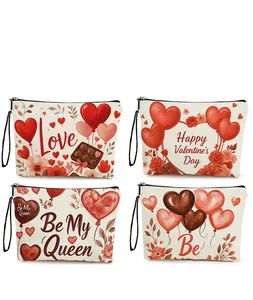 Pattern showcase of four canvas Valentine's makeup bags with heart and chocolate prints