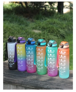 Outdoor garden shot of six 1000ml gradient frosted plastic water bottles with time markers