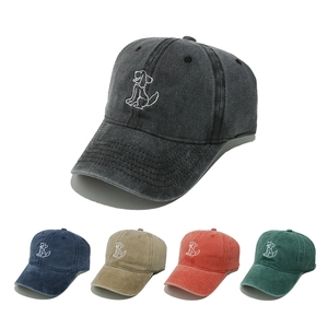 Washed Cotton Baseball Cap Puppy Embroidery Distressed Vintage Sun Hat Adjustable Curved Brim Outdoor Casual Headwear