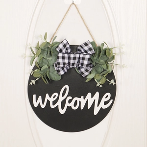 Panneau De Bienvenue Rond Suspension Porte Couronne En Bois Avec Eucalyptus Artificiel Et Nœud À Carreaux Style Ferme