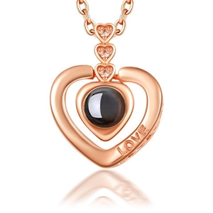 Rose gold heart projection necklace with 100 languages I love you and zirconia inlay