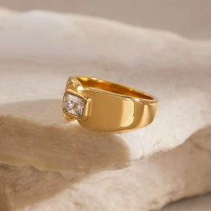 Minimalist 18K gold plated stainless steel ring with a rectangular cubic zirconia stone