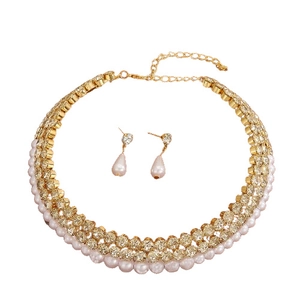 Elegant gold multi-layer pearl necklace and drop earring jewelry set for women