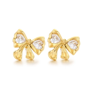 Elegant 18K gold plated stainless steel bow earrings with heart-shaped crystal studs