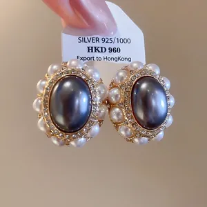 Vintage Baroque Oval Gray Faux Artificial Pearl Stud Earrings With Rhinestone And 925 Sterling Silver Earring Post Elegant Jewelry