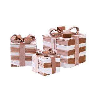 Three-piece set of Nordic pink velvet Christmas gift boxes with striped design and bows