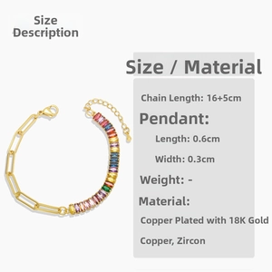 Detailed size specifications for a gold-plated bracelet with multi-colored cubic zirconia