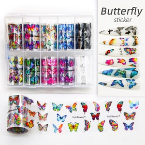 Detail view of 10 rolls butterfly nail art transfer foils with colorful patterns