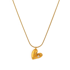 Minimalist 18K gold plated heart pendant necklace with rhinestones and sleek snake chain