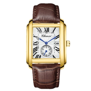 Chenxi men's gold square quartz watch with brown leather strap and roman numerals