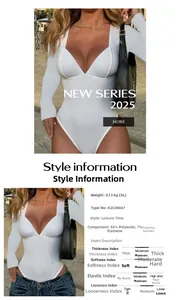 Detail view of a white long sleeve V-neck bodysuit with material and fabric specifications