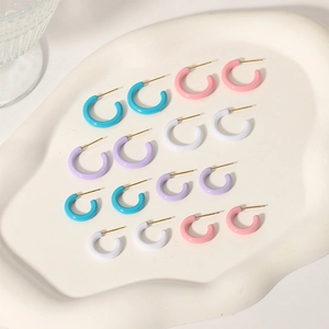 Chic pastel macaron color stainless steel C-shaped hoop earrings set for women