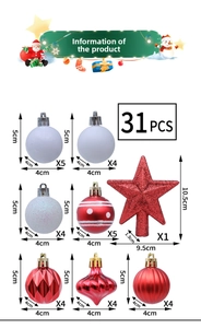 Detailed sizes of 31-piece red and white Christmas ball set with glitter star topper