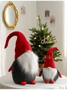 Set of two Christmas gnomes with long faux fur beards and soft felt hats in festive red and grey