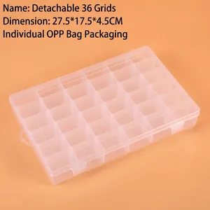 Detail showing a 36-grid transparent plastic organizer box with removable dividers