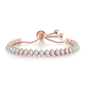 Close-up of marquise-cut crystal tennis bracelet with adjustable rose gold slide buckle