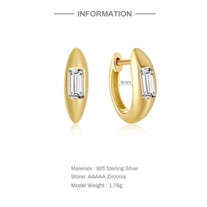 Detail view of gold S925 silver hoop earrings with AAAAA cubic zirconia rectangular stone
