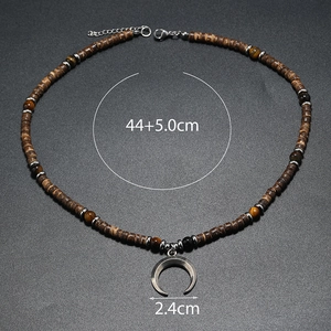 Detail view of bohemian beaded necklace with crescent moon pendant and size measurements
