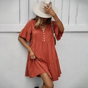 Robe Mini Étagée En Viscose Polyester Col En V Bouton Volants Manches Courtes Décontractée Été