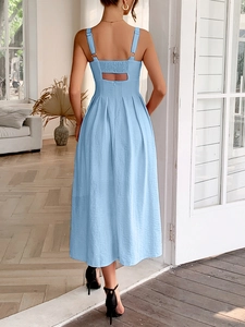Back view of light blue backless maxi dress with pleated skirt and halter straps
