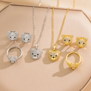 Cute Bear Pendant Necklace Stud Earrings And Adjustable Ring Titanium Steel Full Zircon Trendy Jewelry For Women