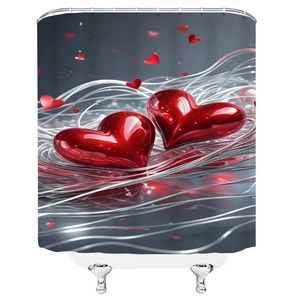 Modern waffle print shower curtain with 3D red hearts and silver threads design