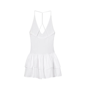 Detailed back view of white halter dress featuring cross-strap design and layered ruffles