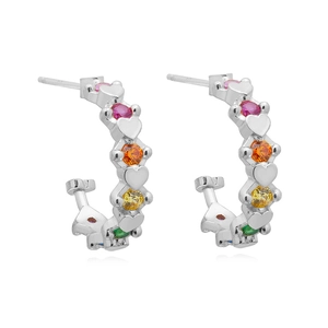 Elegant C-shaped silver earrings set with colorful heart-shaped cubic zirconia stones