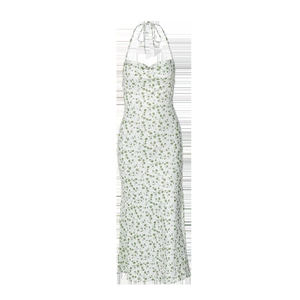 Detail of green floral satin dress featuring a halter neck and draped cowl neckline