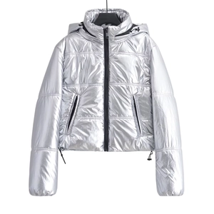 Veste Matelassée Métallisée Brillante À Capuche Pour Femme Blouson Court Rembourré Chaud Couleur Unie Hiver