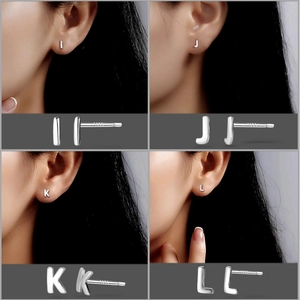 Detailed view of S925 sterling silver letter earrings in styles I J K and L on ear