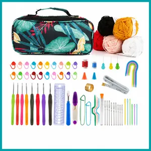Complete crochet kit with floral storage bag, colorful yarn, and assorted weaving tools