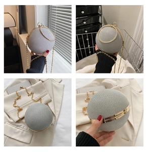 Detailed four-view of grey woven sphere evening bag with gold ring handle and chain