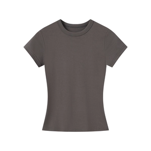 Flat lay of dark grey crew neck athletic short sleeve T-shirt on white background