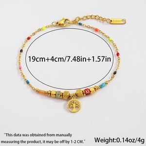 Gold stainless steel beaded tree of life charm bracelet for women with 19cm extension chain