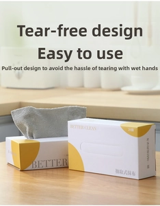 Detail of gray microfiber kitchen towels in a dispenser box with easy-pull design