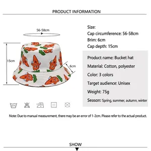 White unisex cotton bucket hat with carrot print and 56-58cm size specifications