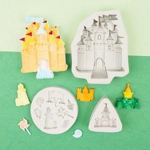 DIY silicone mold set featuring castle, windmill, and seashell shapes for fondant cake decorating