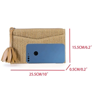 Women's woven straw clutch bag with zipper and tassel, sizing 25.5cm x 15.5cm for summer