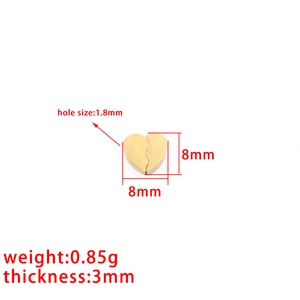 Gold stainless steel half-heart pendant with size and weight dimension annotations