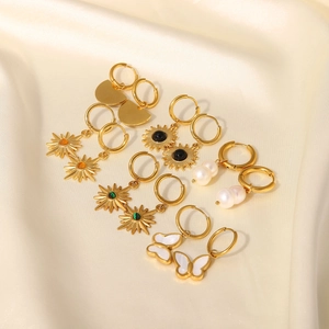 Boucles d'oreilles vintage en acier inoxydable doré 18 carats avec pendentifs en pierre