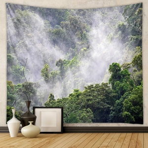 Detail of misty forest tapestry with sunbeams hanging in a minimalist living room