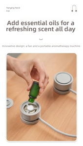 Detailed view of adding essential oil to the aromatherapy tablet of the gray neck fan